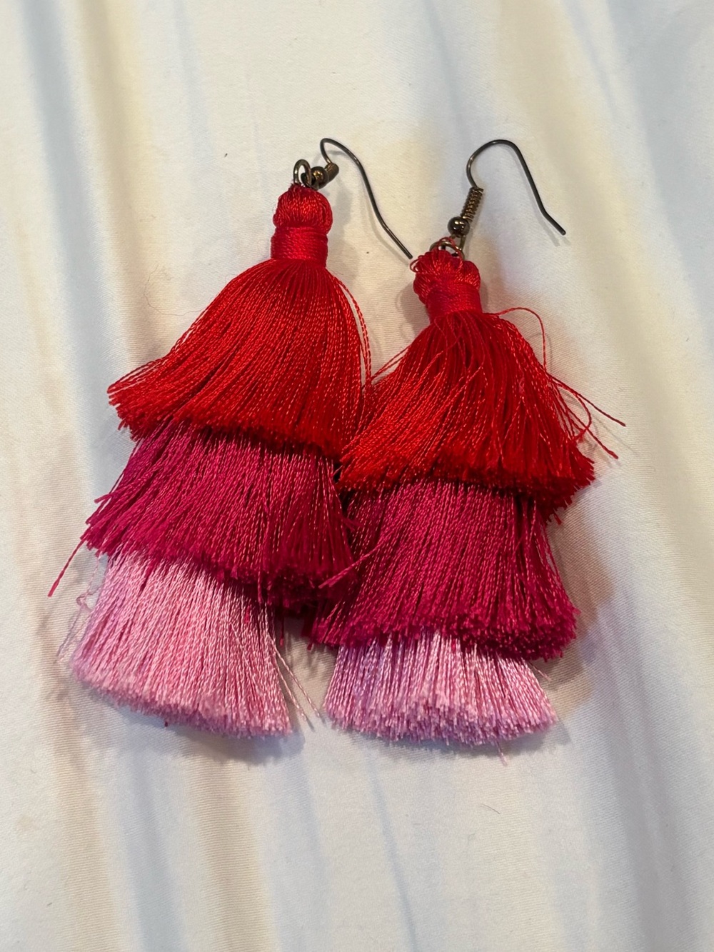 Tiered Pink & Red Tassel Drop Earrings